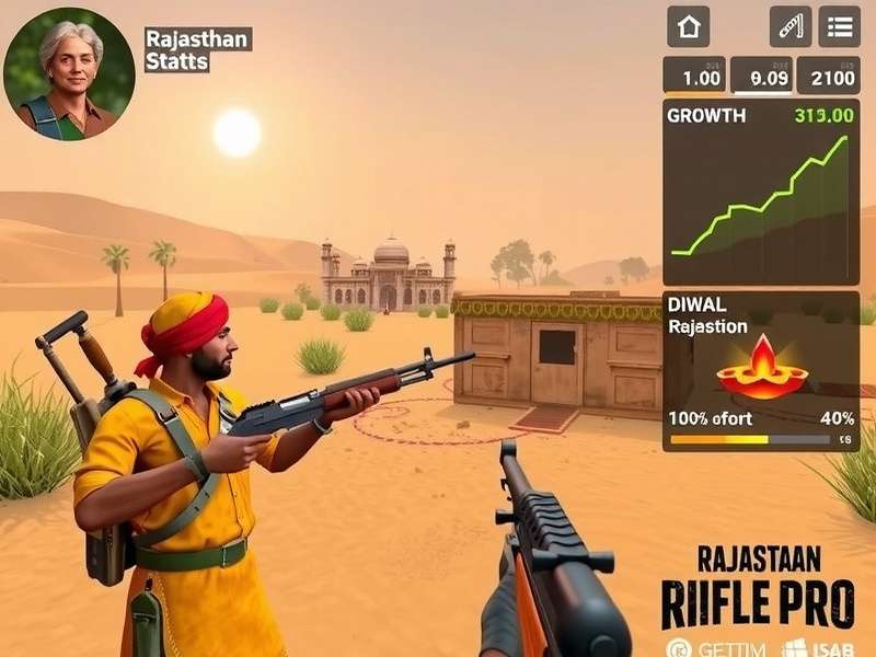 Rajasthan Rifle Pro gameplay screenshot showing desert environment and character